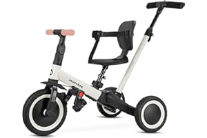 MOOVKEE. Dreirad ab 1 Jahr mit Schubstange 6in1 - Beige Laufrad - Dreirad mit Schubstange - Baby Fahrrad ab 1 Jahr - Fahrrad Kinder - Laufräder - Sicherheit Lauflernrad für Ihr Kind Dank 3-Punkt-Gurt