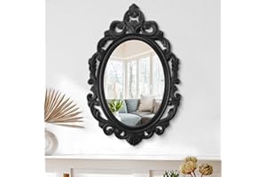 LZUSO Wooden Hanging Oval Mirror Black Carved Frame Wall Mirror Rustic Vintage Decorative Mirror Aesthetic for Vanity Bedroom Bathroom Living Room Entryway Farmhouse Mirror 24"x16"