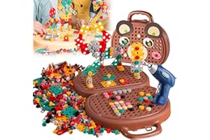 HOIDOKLY Magic Montessori Play Toolbox, Magic Montessori Play Toolbox Bear with Drill, Creative Tool Box, Creative Mosaic Puzzle Toy with Electric Drill Screw Set for Kids Ages 3-12 Years Old (Brown)
