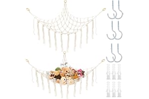 CHRI 2er-Pack Kuscheltier Aufbewahrung Netz Boho Makramee Stofftier Hängematte Spielzeug Aufbewahrung für Kinderzimmer Deko