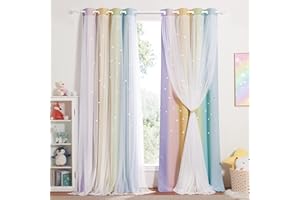 NICETOWN Cortinas Infantiles Niña Cortina Opaca Termica Aislante Cortinas Dobles con Estrellas Huecas y Gasa de Red para Habitacion Dormitorio, 2 Piezas, 132x240 cm, Arco Iris