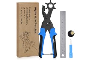 Diyife Pince Perforatrice avec 6 Tailles, Perforatrice Cuir, Poinçon À Ceinture Professional avec 2 Punch Assiettes et Règle, pour Cuir, Papier,Plastique,Feutre, etc.