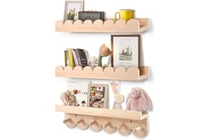Strixorn Montessori - Set di 3 scaffali da parete per bambini, 40 cm, in legno, con ganci in legno, per sala giochi, camera da letto, soggiorno, scaffale Montessori