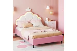 JIAOYU Lettino imbottito per bambini 90x200 cm, letto singolo a LED per bambine con design a corona e testiera regolabile, accogliente letto in velluto, per cameretta dei bambini (Corona rosa, 90x200 cm)