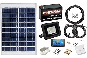 LOWENERGIE Solar Powered Lighting Kit Sheds Garage Off Grid Battery, Panel, Floodlight, Cables (20w Solar Panel, 10w 12v DC Floodlight)