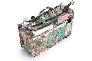 IGNPION Printed Insert Handbag Purse Organiser 13 Pockets Expandable Liner Bag Pouch Zipper Closure Tote Organiser Diaper Bag Insert with Handle (29x 16x 9cm) (Peacock Flower)