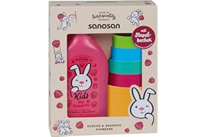 ‎SANOSAN sanosan Geschenkset Stapelbecher & 2in1 Dusche Shampoo Himbeere 400 ml - Duschgel & Haarshampoo mit Bio Olivenextrakt & Milchprotein - Shampoo Kinder Mädchen, Duschgel Kids Shampoo, Kinder Shampoo