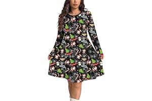 NetSetUK Women's Novelty Skater Christmas Print Dress Round Neck Casual Swing Dresses for Ladies Plus Size
