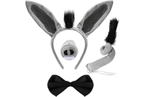 HIFOT 4 Pièces Costume de Âne, Oreilles Bandeau et Queue d'Âne Nez Nœud Papillon Ensemble, Costume Animaux Âne Deguisement Animaux Enfants Adultes pour Cosplay Halloween Carnaval Thème Fête