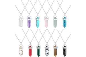 JeweBella 12 sześciokątnych kryształowych zawieszek z łańcuszkiem, naszyjniki z kamieniami szlachetnymi, naturalny kryształ, naszyjnik, koronka, kamienie kwarcowe, kryształ, łańcuszek a ametystem, różowy kwarc, kamień szlachetny, łańcuszek w 12 kolorach