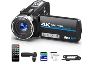 PITIKI Caméscope 4K 80MP HD Caméra Vidéo pour YouTube, 30FPS Webcam à Vision Nocturne IR Caméra, Zoom Numérique 18X de à Écran IPS 3.0 270° Vlogging Camera avec Carte SD,2 Piles,Télécommande et Stabilisateur