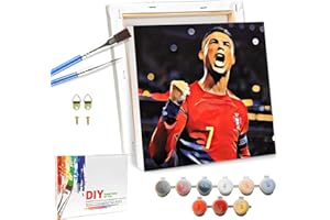 QDUODUO Fussball Malen Nach Zahlen mit Rahmen für Erwachsene Anfänger und Kinder ab 6 Jahre, CR7 Fußball Painting Bastelset mit Leinwand Pinseln Acrylpigment, 20x20cm Klein DIY Gemälde Basteln Kit