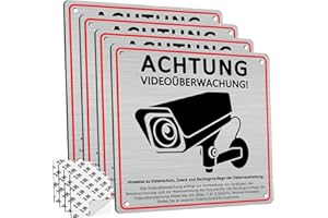 DADAPANGHU 4 Stück Achtung Videoüberwachung Schild Privatgrundstück mit DSGVO Hinweis, 15x15cm, Gebürstetes Aluminium, Selbstklebend und 4 Bohrlöcher, Kamera Überwachung Schild, Hinweisschild Videoüberwachung