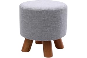 LEITING Small Wooden Footstool Footrest Foot Stool Ottoman Pouffe Padded Sofa Upholstered Stool Seat Chair for Living Room Bedroom with Beech Wood Legs & Removable Linen Cover (Round-Grey)