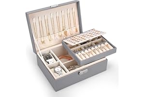 Pystuvo Jewellery Box for Women, 2-Layer Large Jewellery Organiser Box with 2 Watch Pillows, PU Leather, Travel Jewellery Organiser for Earrings Rings Necklaces Watches Bracelets,Grey