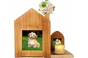 RIGRER Personalised Pet Urn for Ashes, Wooden Keepsake House Dog Cat Memory Box with Candle Holder, Pet Memorial Keepsake Funerary Caskets, Pet Cremation Urn with Picture Frame for Dog Memorial Gifts