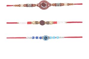 SWACRAFT Set of 3 Rakhi for Brother | Evil Eye Rakhi for Small Brother Sister | Rudraksha Rakhi for Brother Bhaiya Bhabhi | Designer Rudraksha Rakhi for Brother | VRDUK02