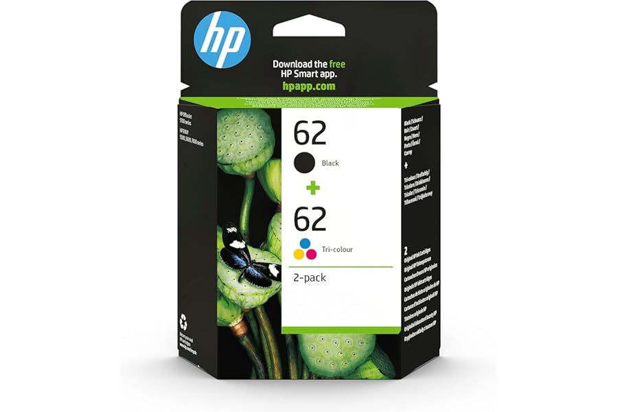 HP N9J71AE 62 Original Ink Cartridges, Black and Tri-color, Multipack, 2 Count (Pack of 1)