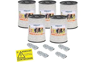 VOSS.farming 5 pz. Corda per recinzioni elettriche, Lunghezza 200 m e Larghezza ca.6 mm, con Fili in Acciaio Inox 7 x 0, 20, Colore Bianco + 5 connettori + Cartello di Pericolo