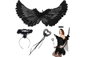HBSFBH Engel Flügel, 60CM Federflügel Engel für Halloween, Schwarz Engelsflügel Set mit Engelsstirnband und Engelsgehstock, Angel Wings für Mädchen, Engelsflügel für Halloween Karneval Kostümparty