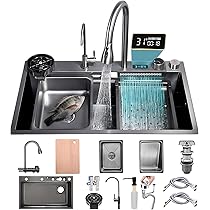 Black Single Slot Waterfall Kitchen Sink Smart Multifunctional Whale Piano Key Modern Sink Kitchen Stainless Steel - Sink, Handmade Sink
