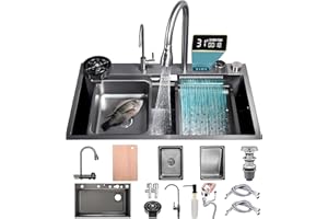 KOOGIMDDR 65 x 50 cm, cascada, fregadero de cocina para el lugar de trabajo, fregadero de cocina rectangular de acero inoxidable, 1 lavabo de fregadero, para uso doméstico, lavavajillas para vasos y