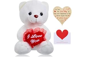 Suilung I Love You White Bear Hug Red Heart Stuffed Animal Soft Toys 8.7 Inch/ 22 cm Plush Bear with Greeting Card Wooden Heart Plaque Sign Christmas Valentines Birthday Gifts for Him and Her