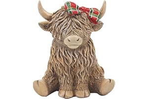 Widdle Gifts Reflections Bronze Resin Animal Ornament - 12cm Highland Cow With Tartan Bow 6549