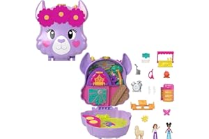 Polly Pocket Biwakowa lama Zestaw kompaktowy z 2 mikrolalkami i 13 akcesoriami, świat Polly Pocket, zabawki podróżne z niespodziankami, HKV33
