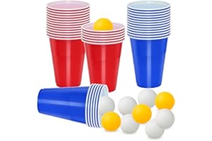 Beer Pong, 50 Pièces Gobelet Beer Pong, Biere Pong, Réutilisable Biere Pong Jeu, Rouges + Bleues Gobelet Biere, 10 Balle, Idéal pour Barbecues Camping Jeux de Société