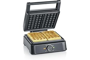 SEVERIN Gaufrier 1 600 W, Appareil à gaufres au revêtement antiadhésif pour gaufres belges moelleuses et croustillantes, Machine à gaufre sans PFAS au design compact, Noir, WA 2130