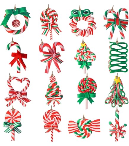 Décorations De Noël à Suspendre - Lot De 24 (12 Suçons D'orge + 12 Nœuds) - Rouge Et Blanc - Pour Sapin, Guirlandes, Fenêtres - 9