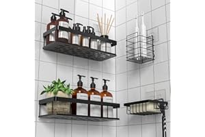 UUlioyer Duschablage Ohne Bohren, Wasserdichter und Rostfreier Duschregal, 4 Stück Badezimmer Regal Organizer, Shampoo Duschgel Halterung für Dusche, Schwarz (Mit Seifenhalter und Zahnbürstenhalter)