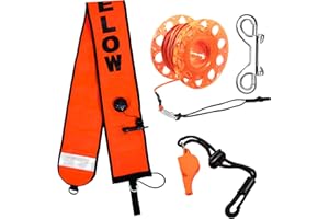 PLUZLUCE 5ft Scuba Diving Surface Marker Buoy (SMB), Safety Sausage with Plastic 98ft Finger Spool Reel and Double Ended Hook Clip + Emergency Whistle for Underwater Diving