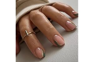 AGASAR 24pcs Square False Nails Short Green Edge Stick on Nails Nude Pink Press on Nails Removable Glue-on Nails Fake Nails Women Girls Nail Art Accessories