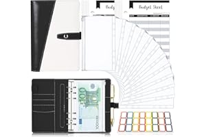 TAOPE Classeur Budget avec Enveloppe Budget, Classeur A6 Budget Planner Sets en PU Cuir, Carnet Budget 6 Anneaux Remplissable avec Pochettes A6 Transparentes, Organisateur Enveloppe Budget Noir