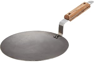 Amazon Brand - Solimo Iron Concave Tawa 25 cm, Tava for Roti/Chappati/Naan with Strong Wooden Handle Black 100% Toxin-Free, Naturally Non-Stick, Long Lasting Induction and Gas Stove Compatible