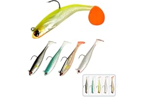 JXCTNNU Soft Plastic Lures 5Pcs Surf Fishing Striped Bass Lures Easy Catching Lures Rubber Fishing Bait Hard Bass Trout Bait with Jig Head and T Tail for Saltwater Freshwater Fishing