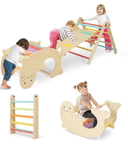 COSTWAY Klimboog met zacht kussen, klimdriehoek om te kantelen, klimmen en kruipen, indoor klimrek van hout, voor kinderen vanaf 3 jaar (kleurrijk