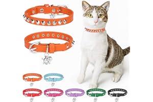 DILLYBUD Leather Cat Collars for Boy Girl Cats with Bell and Safety Elastic Belt, Personalized Rivets Stud Adjustable Safe Buckle Collar with Skull Charm for Kitty Small Pets Size 8-12 Inch, Orange