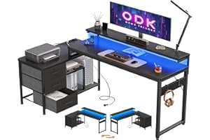 ODK Corner Desk with Drawers, 174x100 cm L Shaped Desk with LED Lights & Power Outlet, Reversible Office Table with Storage, Computer Table with Monitor Stand for Office and Bedroom, Black