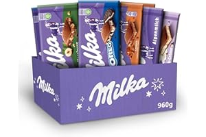 Milka - Box Chocolats Cadeau à Offrir - Assortiment de 10 Tablettes Chocolat au Lait de 90g et 100g - 5 Saveurs : Lait du Pays Alpin, Éclats de Noisette, Oreo, Tendre au Lait, Caramel - Boîte de 960g