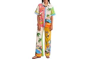 Achlibe Women Y2k 2 Piece Pants Matching Set Vintage Graffiti Floral Print Short Sleeve Button Shirts Baggy Trousers