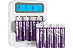 PALLUS Rechargeable AA Lithium Battery, High Capacity 3500mWh, with 4-Slot Charger, 1500+ Cycles, 2-Hour Fast Charge, Low Self-Discharge, for Radio, Wireless Mouse, Camera (8 Pack)