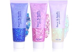 Sularpek 3 Pcs Face Glitter, 50ml Hair Glitter Gel, Sequins Shimmer Liquid Eyeshadow, Mermaid Sequins Festival Glitter for Face Body Eye Hair Festival Party Makeup Decoration