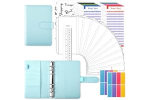 TOYESS 30Pcs Classeur Budget Set Pour Budget Planner, Classeur A6 en PU Cuir avec 12 Enveloppe Budget Zippées Transparentes, 12 Feuilles de Budget Pour Organisateur, Bleu Clair