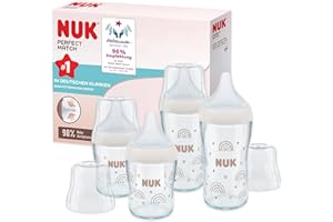 ‎NUK NUK Perfect Match Glas-Babyflaschenset | Ab 3 Monate | Passt sich dem Baby an | Temperature Control | Anti-Colic | 120 ml und 230 ml | BPA-frei | Silikontrinksauger | Regenbogen | 4 Stück