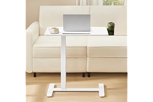 VASAGLE Overbed Table with Wheels, Small Standing Desk, 70 x 40 cm Tabletop, Adjustable Height, 2 Cup Holders, Phone and Tablet Slot, Cloud White LSD600W01
