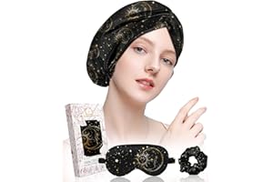 Miss Adola Silk Bonnet for Sleeping - Mulberry Silk Hair Bonnet for Women Sleeping Cap with Silk Hair Scrunchie & Eye Mask 19 Momme Night Cap with Elastic Stay On Head for Curly Hair Care, Black Sun