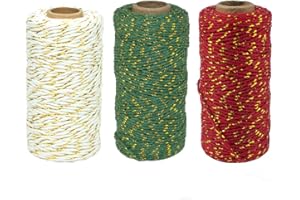 Frgasgds Ficelle de Noël,3 Rouleaux 100 m Ficelle de Noël Ficelle de Coton Artisanat Fil Durable pour l'emballage de Cadeaux de Noël Bricolage et Arts Faits à la Main Cravate